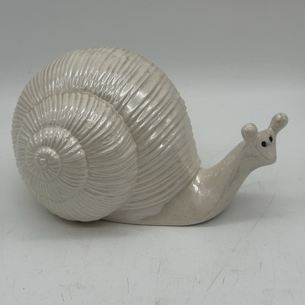 Ceramic Snail Figurine Vintage 90s Kitschy White Garden Decor Hand Paint Signed