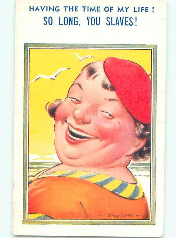 Bamforth Comic signed CHUBBY FAT WOMAN BY THE BEACH : : make an offer AB9744