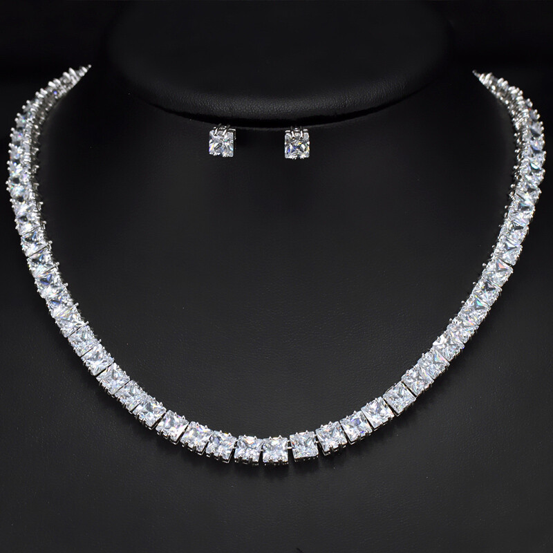 Silver Plated Zircon Crystal Square Tennis Necklace Earrings Wedding Jewelry Set