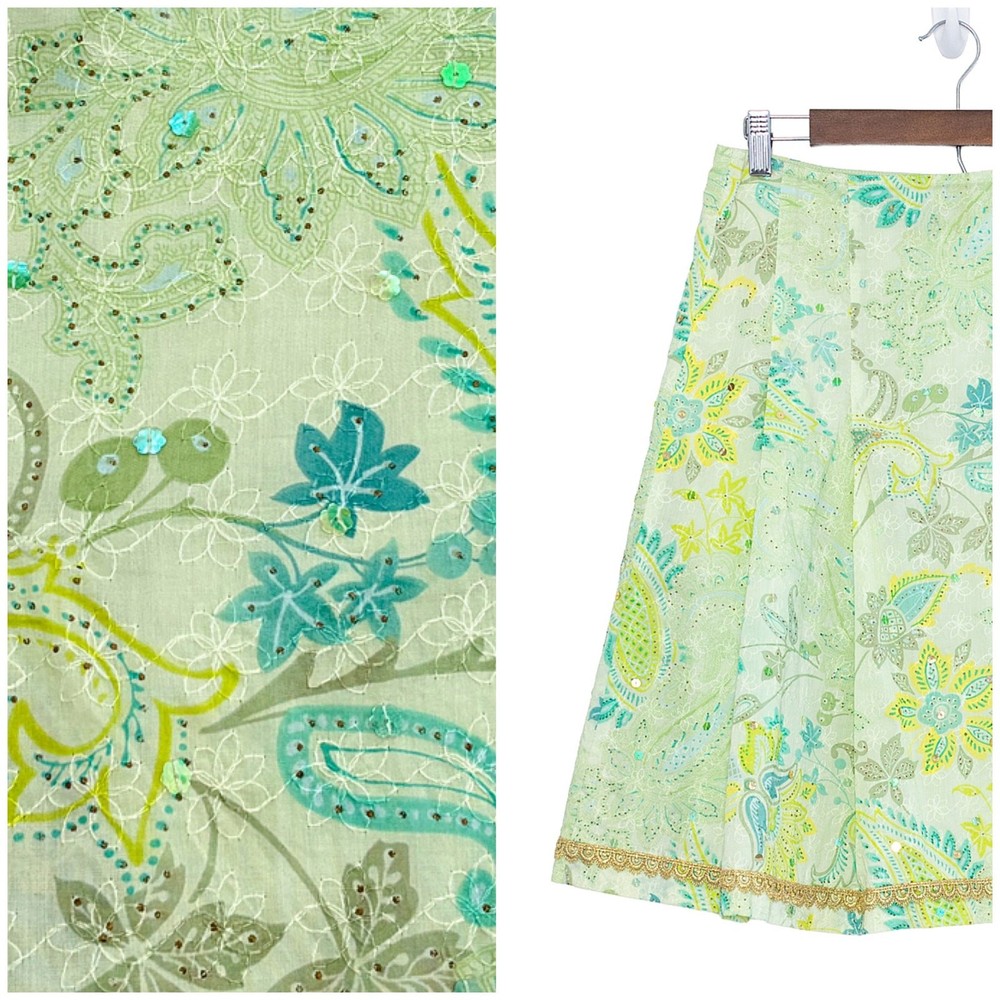 Express Y2K Paisley A-Line Skirt Size 2 Green VTG Embroidered Patchwork Fairy