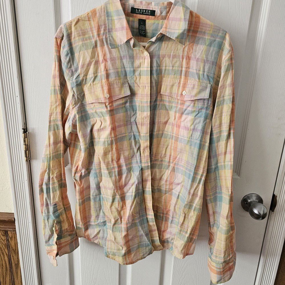 Lauren Ralph Lauren Womens Button Down Top Shirt Pastel Plaid Linen Cotton Large