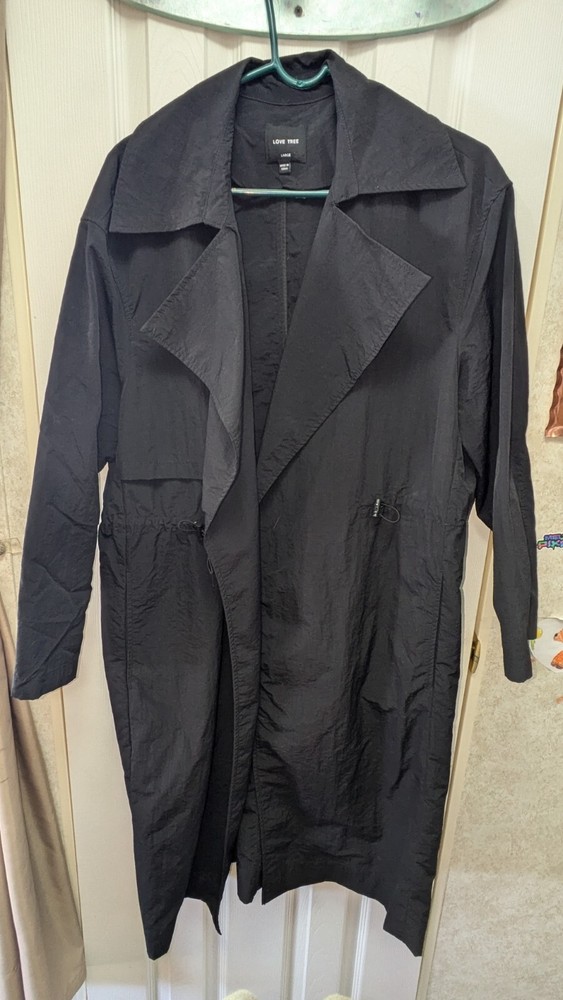 Love Tree Long Black Trench Jacket Lightweight Flowy Open Pockets Size L Womens