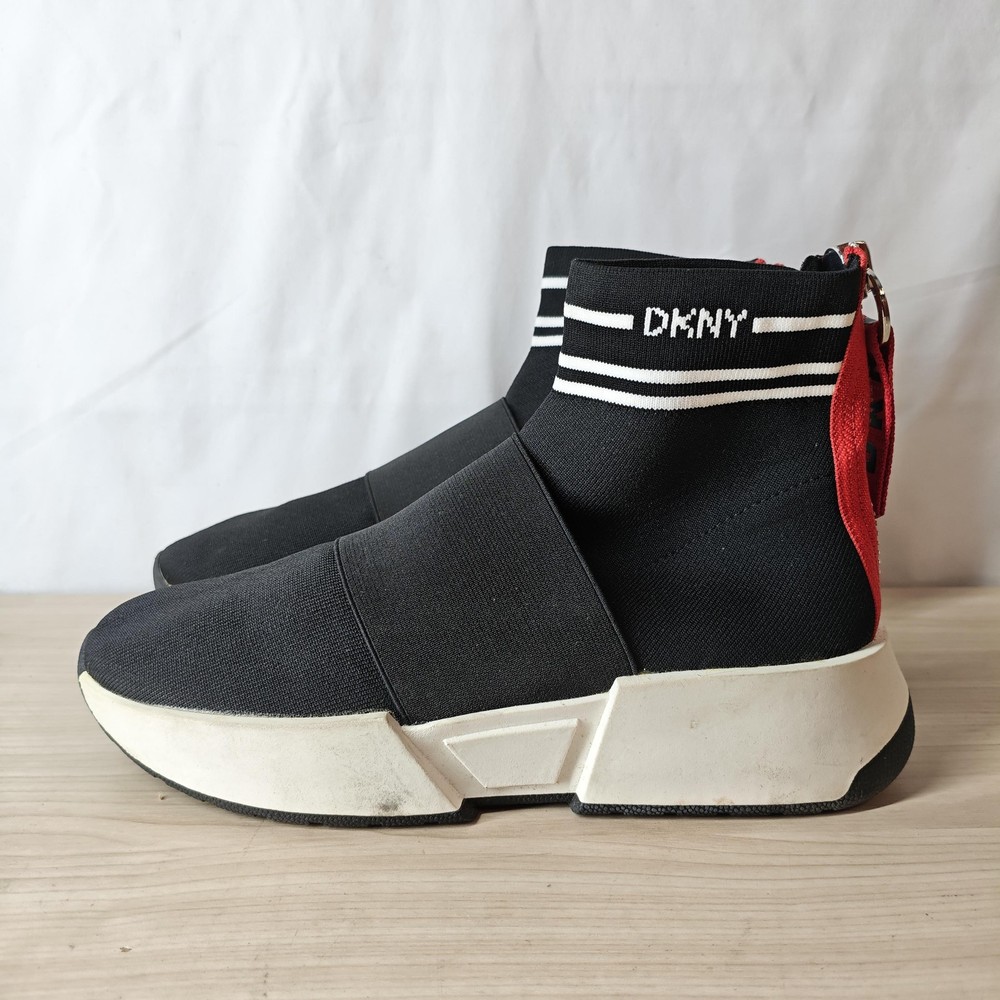 DKNY Shoes Womens Size 8.5 Black Red Knit Sock High Top Platform Zip Sneakers