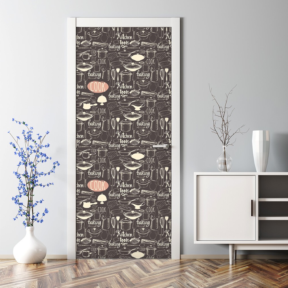 Dark Kitchen Bubble-Free Self-Adhesive Door Sticker for Pots & Pans Decor