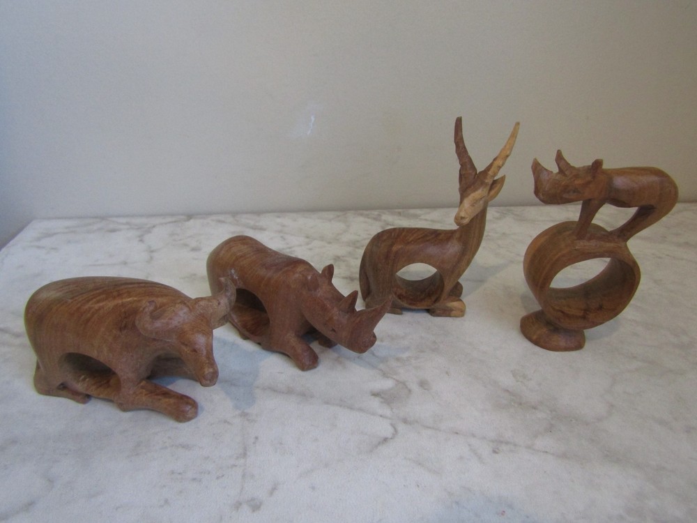 Vintage Wooden Safari African Animal Napkin Rings Hand Carved Set of 4