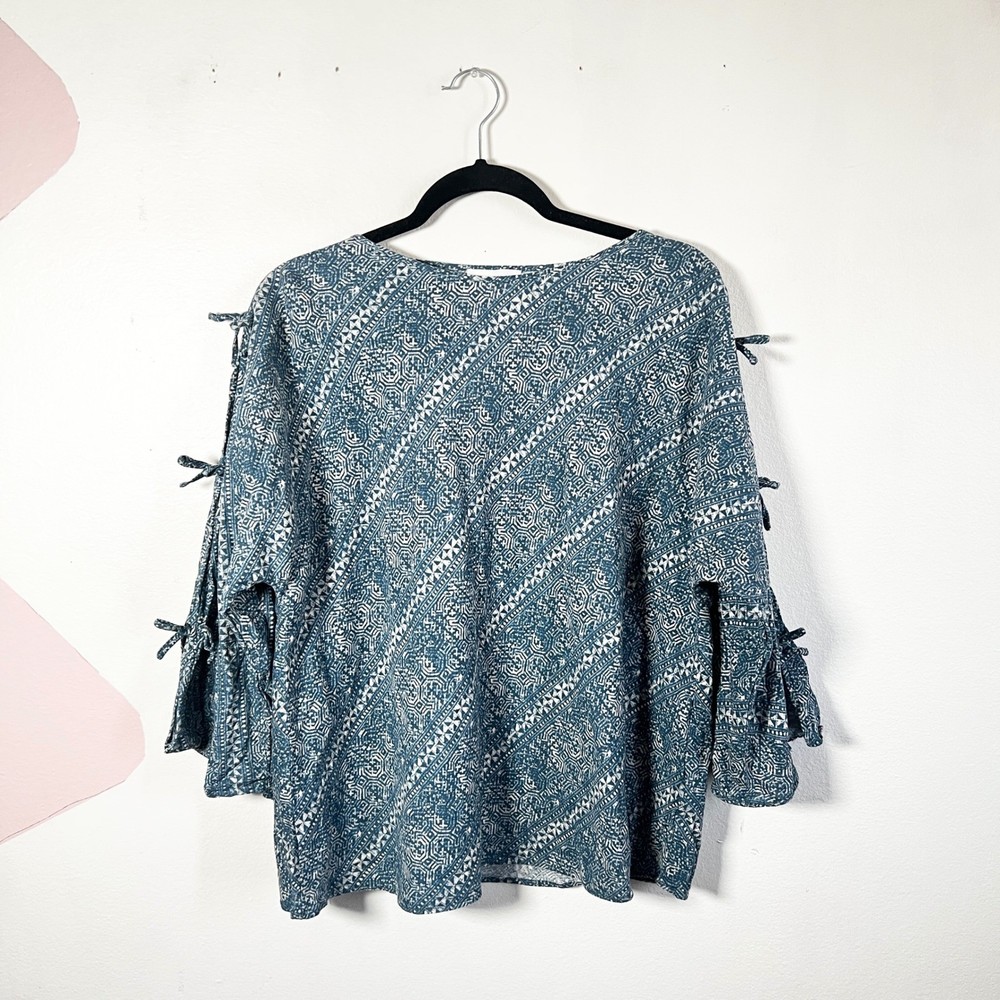 Anthropologie Calligraphie Womens XL Blue White Geometric Linen Blend Top Beachy