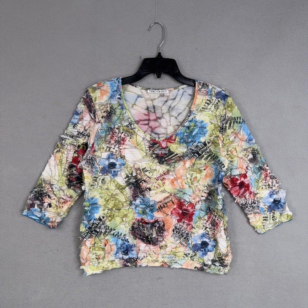 Sno Skins Snoskins Shirt Womens Large Colorful Floral Crinkle Mesh V Neck Top