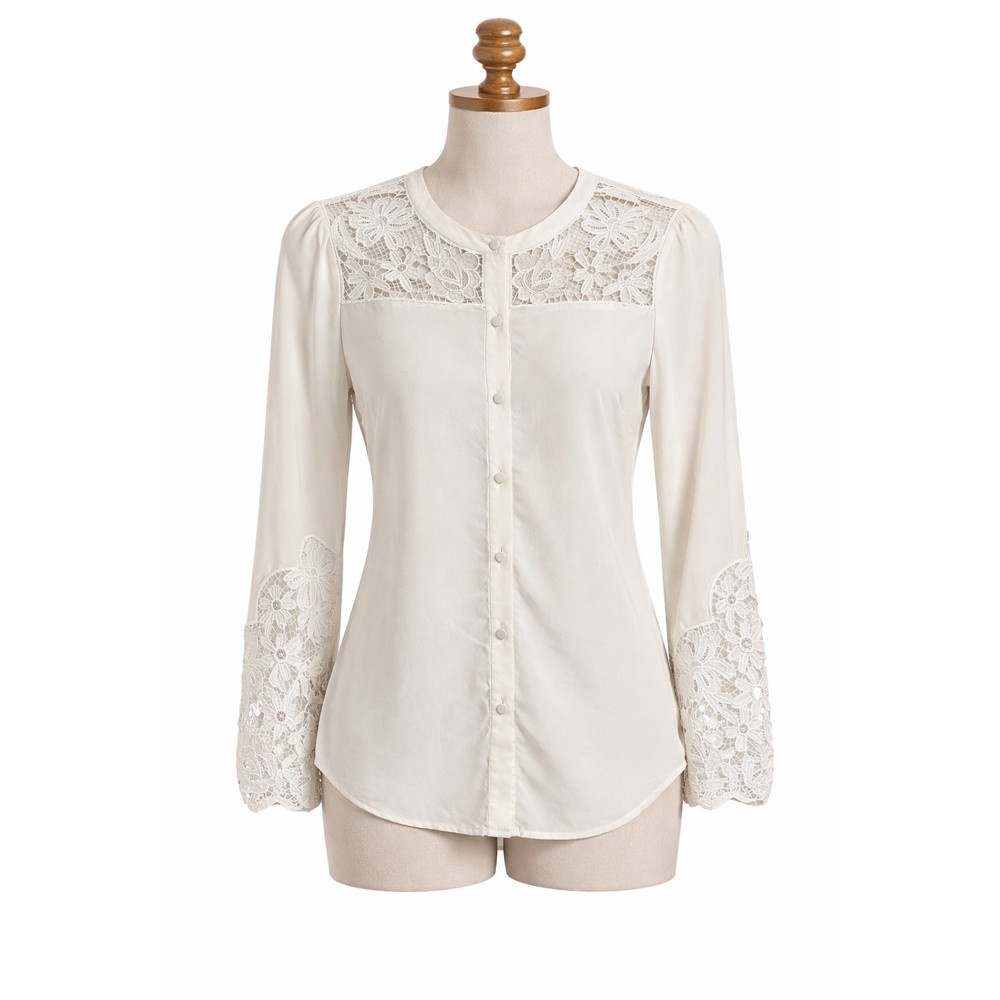 Veronica Beard Cream 100% Silk Lace Inset Button Down Blouse Size 0 F161-SWC4283