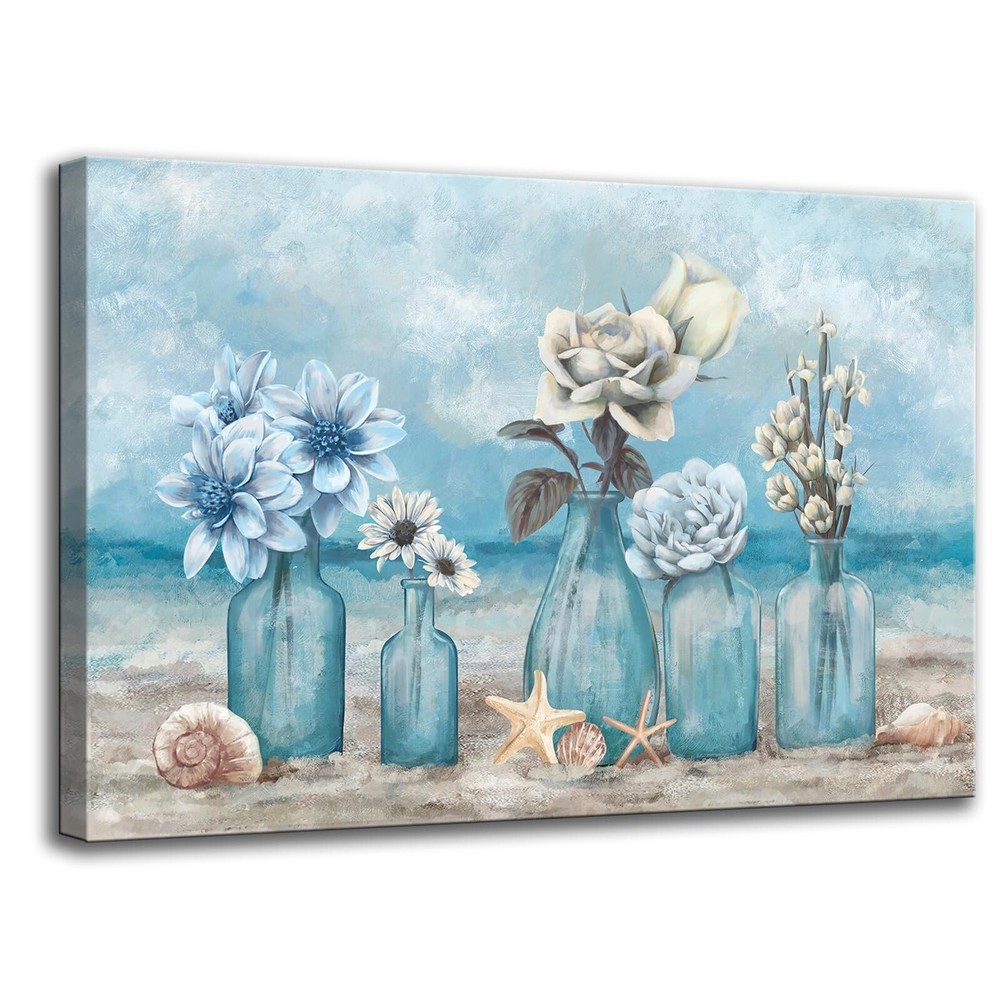iHAPPYWALL Blue Beach Ocean Theme Flower Picture Wall Art Modern Conch Coasta...