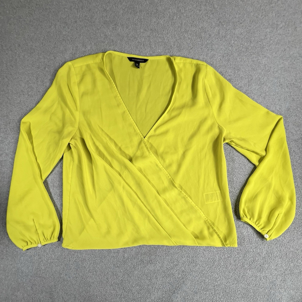 Banana Republic Blouse Womens Medium Neon Yellow Wrap Surplice Long Sleeve