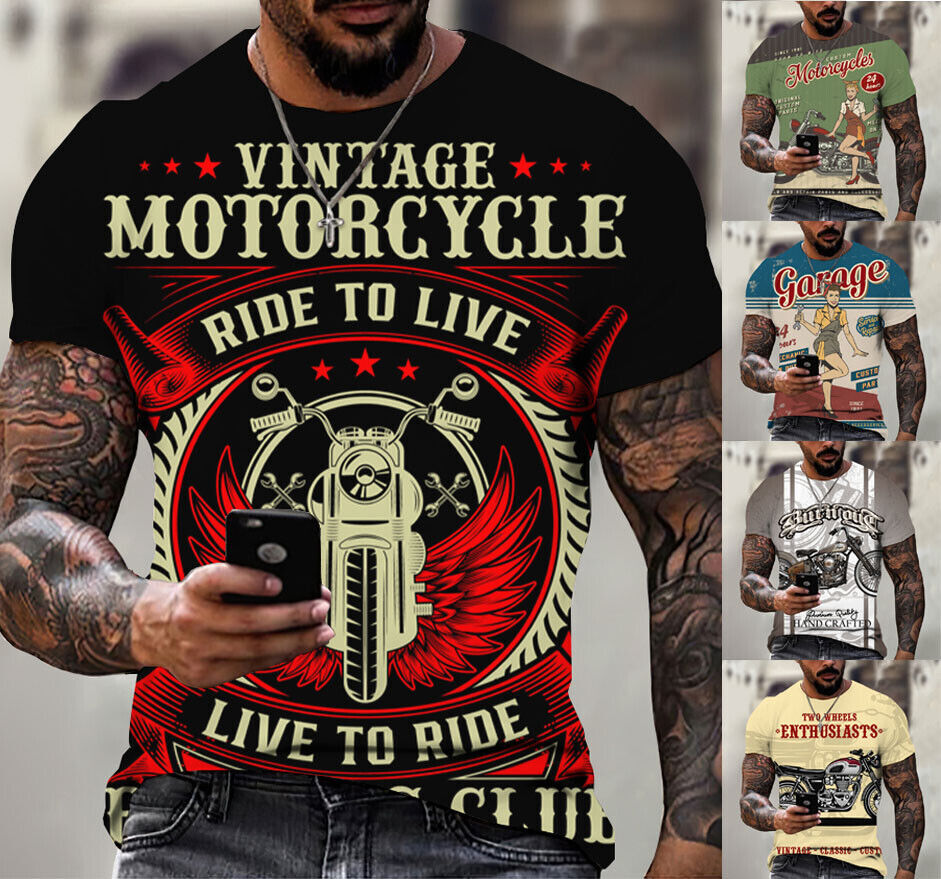 Vintage Motorcycle Design Graphic T-Shirt Mens Short Sleeve Tee Top