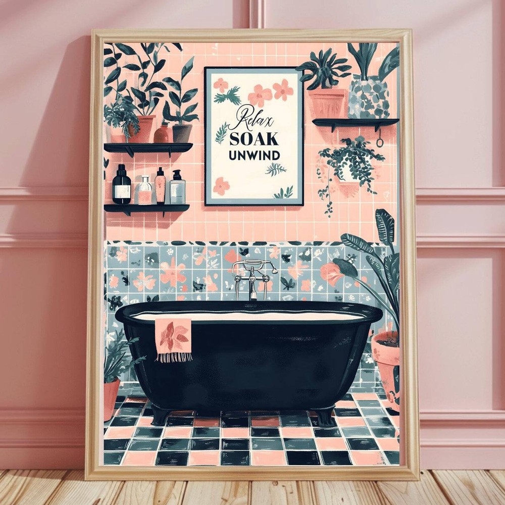 Boho Bathroom Wall Art Bath House Plants Art Bathtub Tile Botanical Pink
