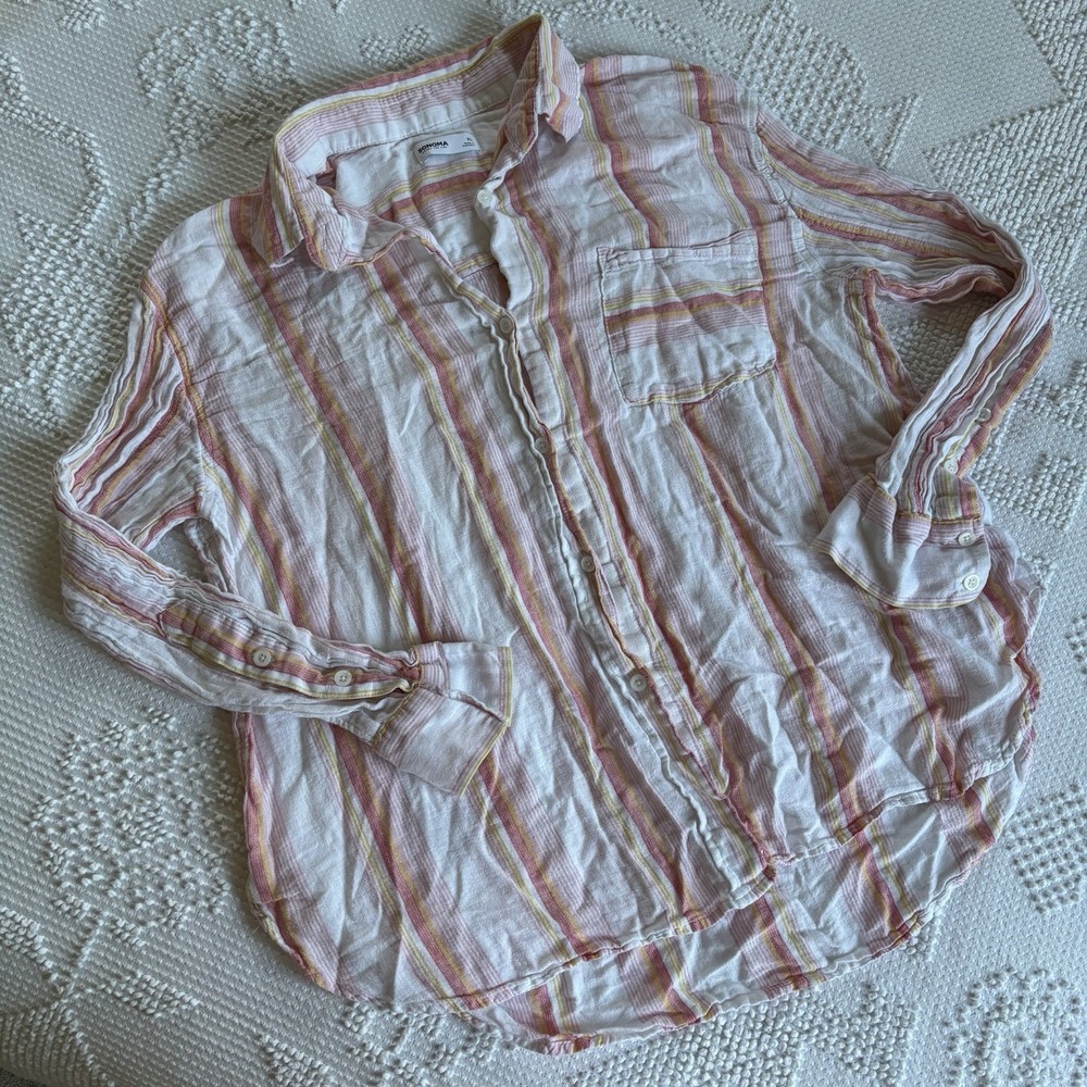 Sonoma women’s size XL linen blend striped long sleeve button up collared shirt