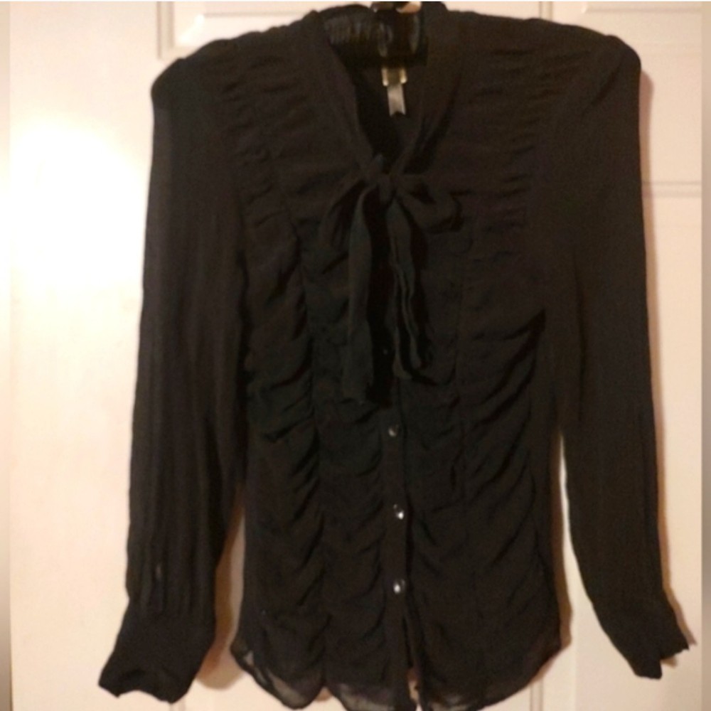 🐦⬛🖤🐦⬛ Divine Vtg 90's Genuine Silk Black Sheer Ruffled Bow Blouse Top - 12
