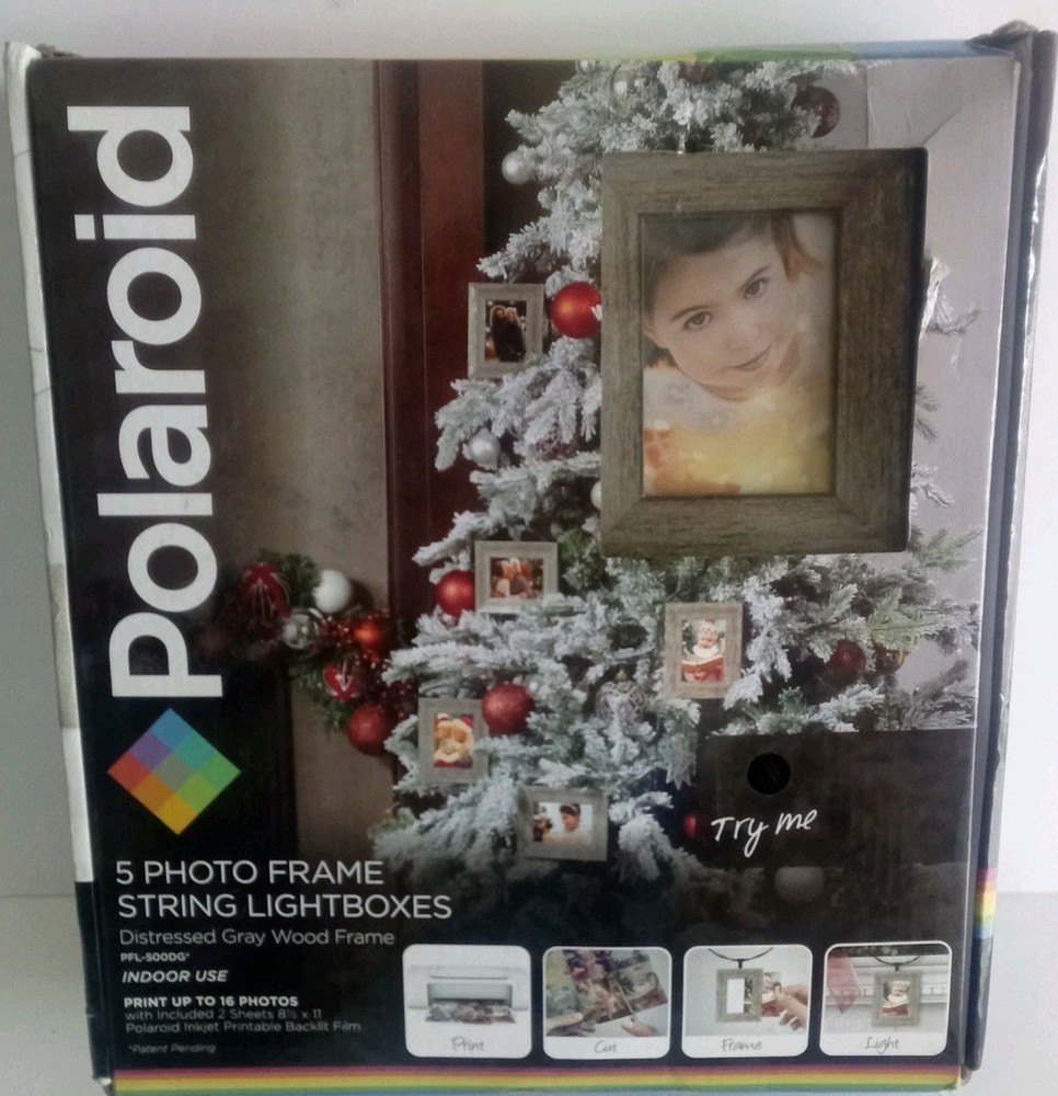 Polaroid 5-Photo Frame 12ft String LED Lightboxes - Distressed Gray Wood