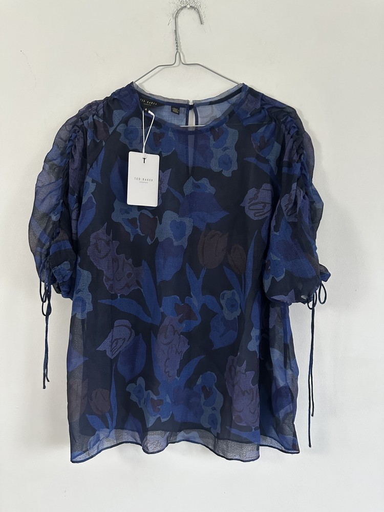 TED BAKER BLOUSE TOP  NEW Sheeer chiffon 3/4 ruched sleeve NAVY floral  BOHO