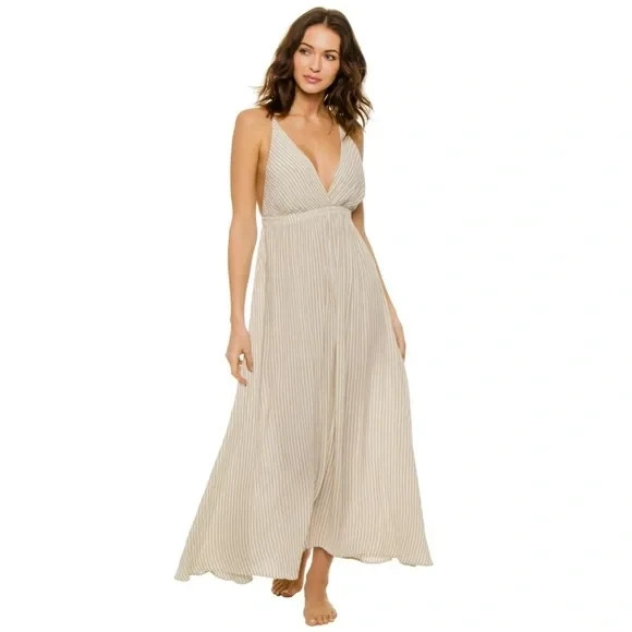 Elan lightweight boho-style striped open cross-back Maxi Dress-Size Medium