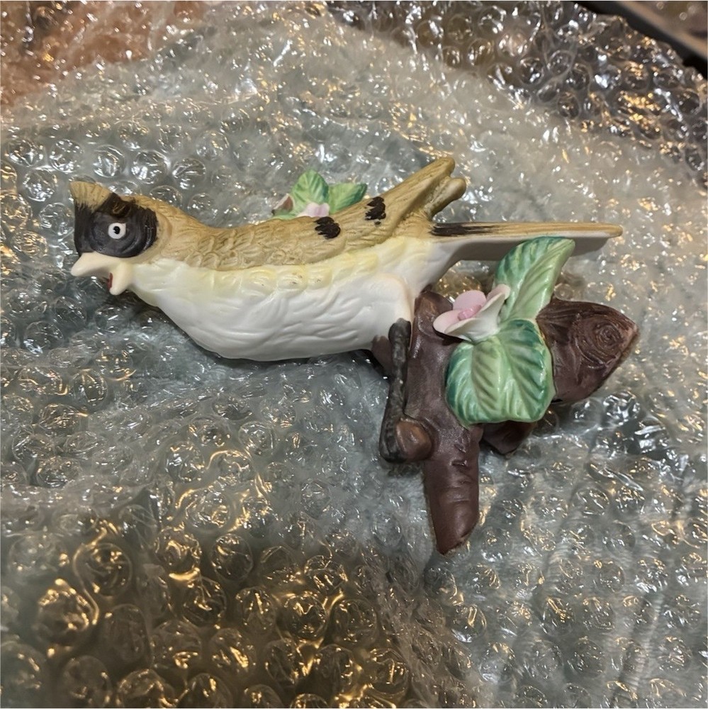 Ceramic Painted Bird Figurine on Branch with Flowers, Multicolor Decor