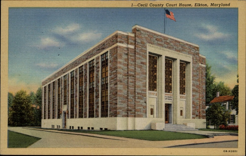 Cecil County Court House Elkton Maryland flag ~ 1930s linen postcard