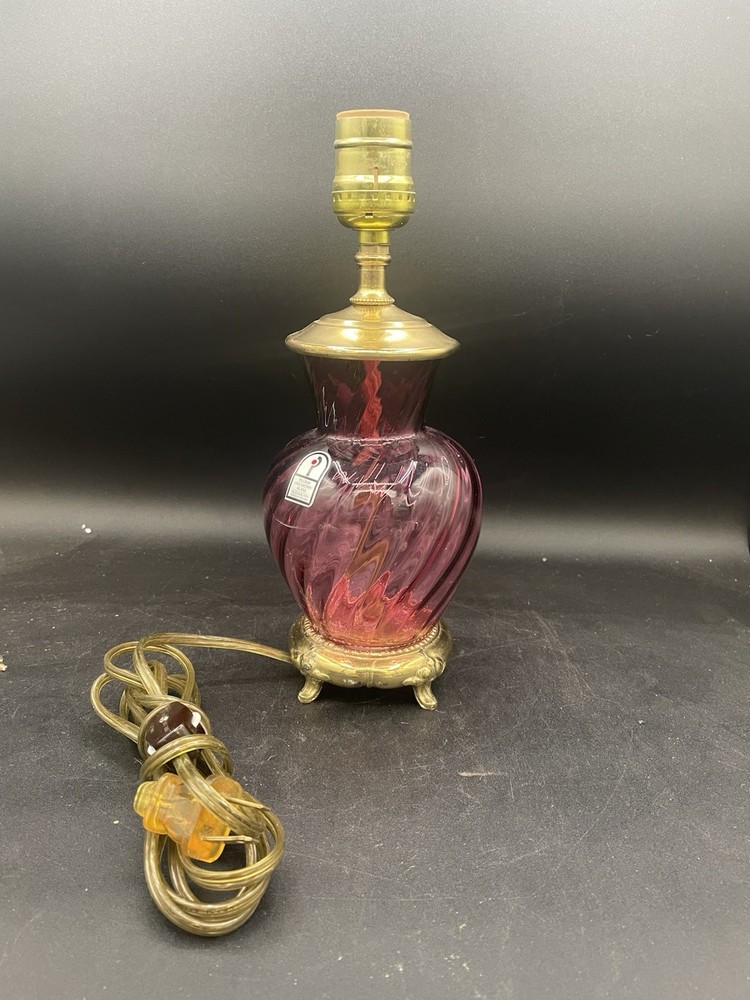 VTG RARE Pilgrim Cranberry Swirl Optic Glass Desk Lamp  Base Only