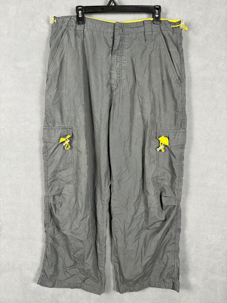 Vintage TransNine Y2K Rave Pants Mens 36x30 Baggy Skate Cargos Grey Yellow