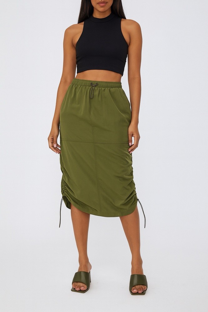 Women’s Olive Green Drawstring Midi Skirt Adjustable Cargo Style with Pockets S