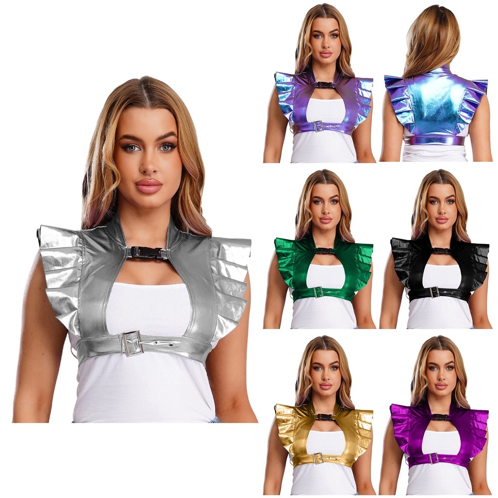 US Women Metallic Shoulder Armor Crop Top Ruffled Trim Front Cutout Shrug Raves