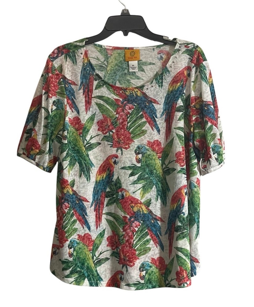 Ruby Rd XL Tee Top Colorful Floral Parrot Rhinestone Tropical Cruise Resort