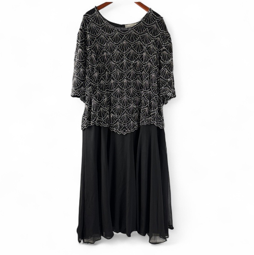Vintage French Collizioni Sequin Beaded Formal Midi Dress Black Size 5X