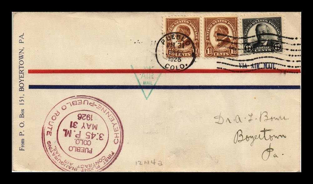 Dr Jim Stamps Us Cover First Flight Air Mail 12 N 42 Pueblo Colorado