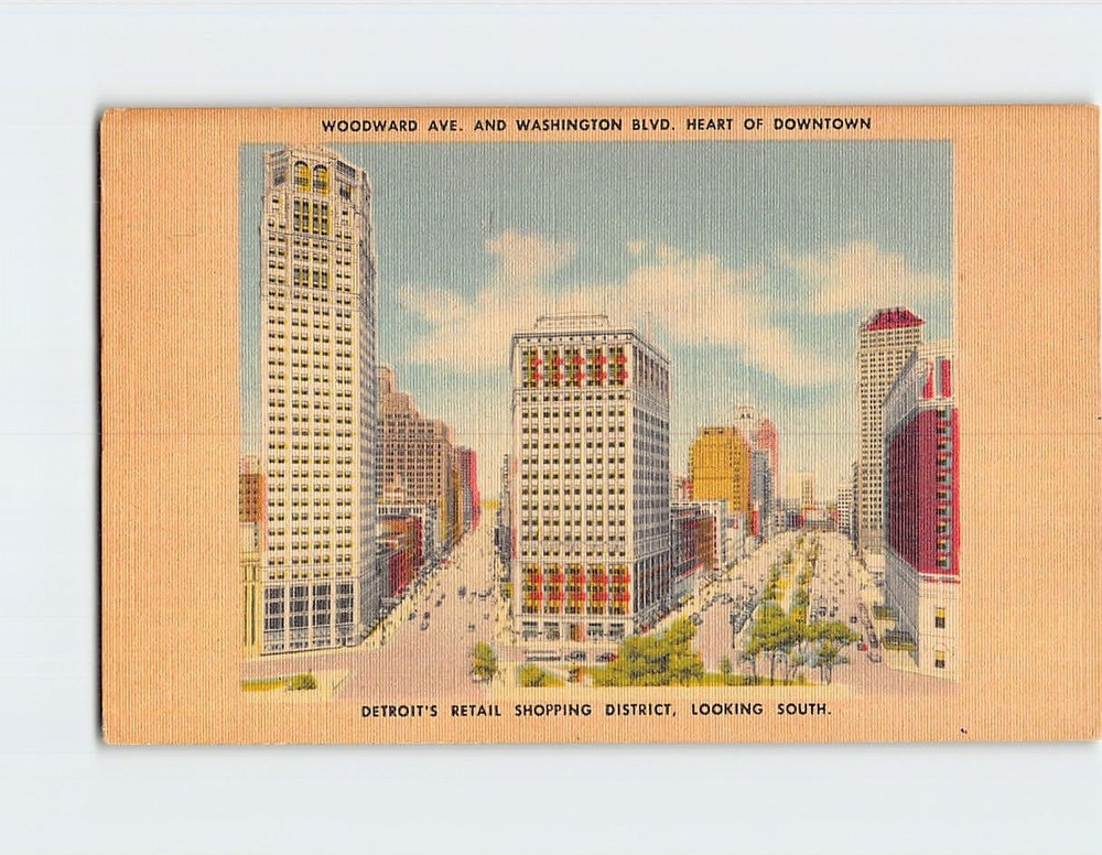 Postcard Woodward Avenue and Washington Boulevard Downtown Detroit Michigan USA