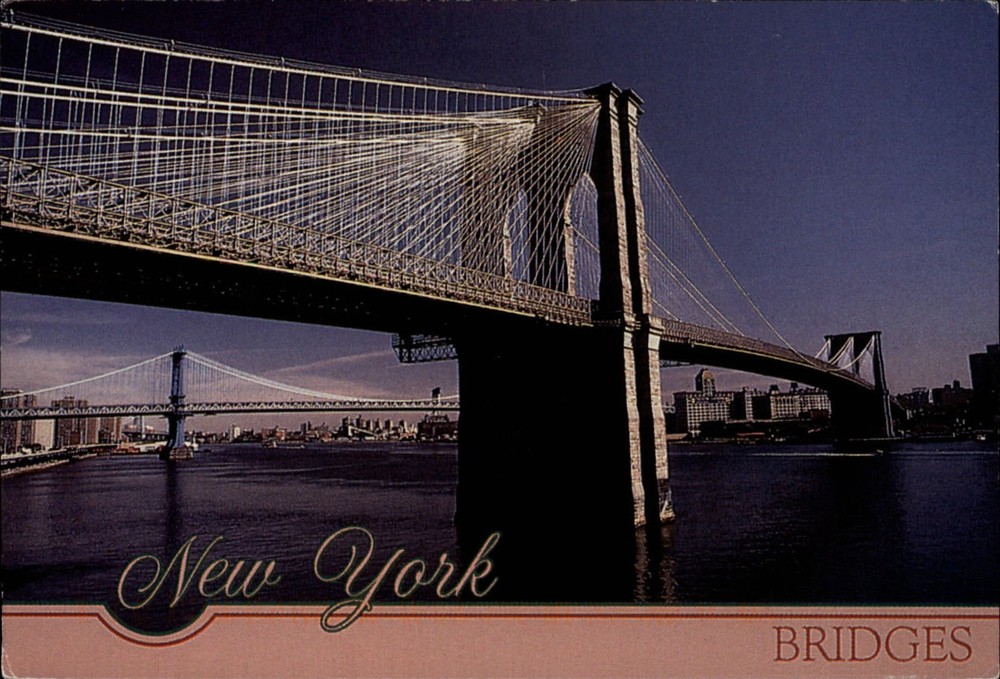 New York City ~ Manhattan & Brooklyn Bridges ~ East River ~ vintage postcard