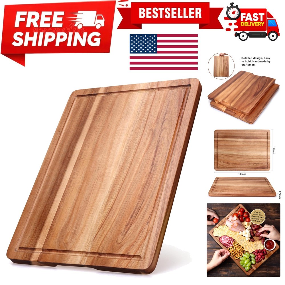 Acacia Wood Cutting Boards for Kitchen, Wooden Chopping Board with Side Handl...