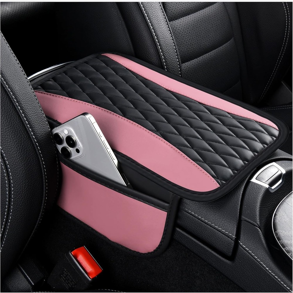 Patchwork Leather Center Console Covers for Cars, Upgrade Arm Res Color: Pink