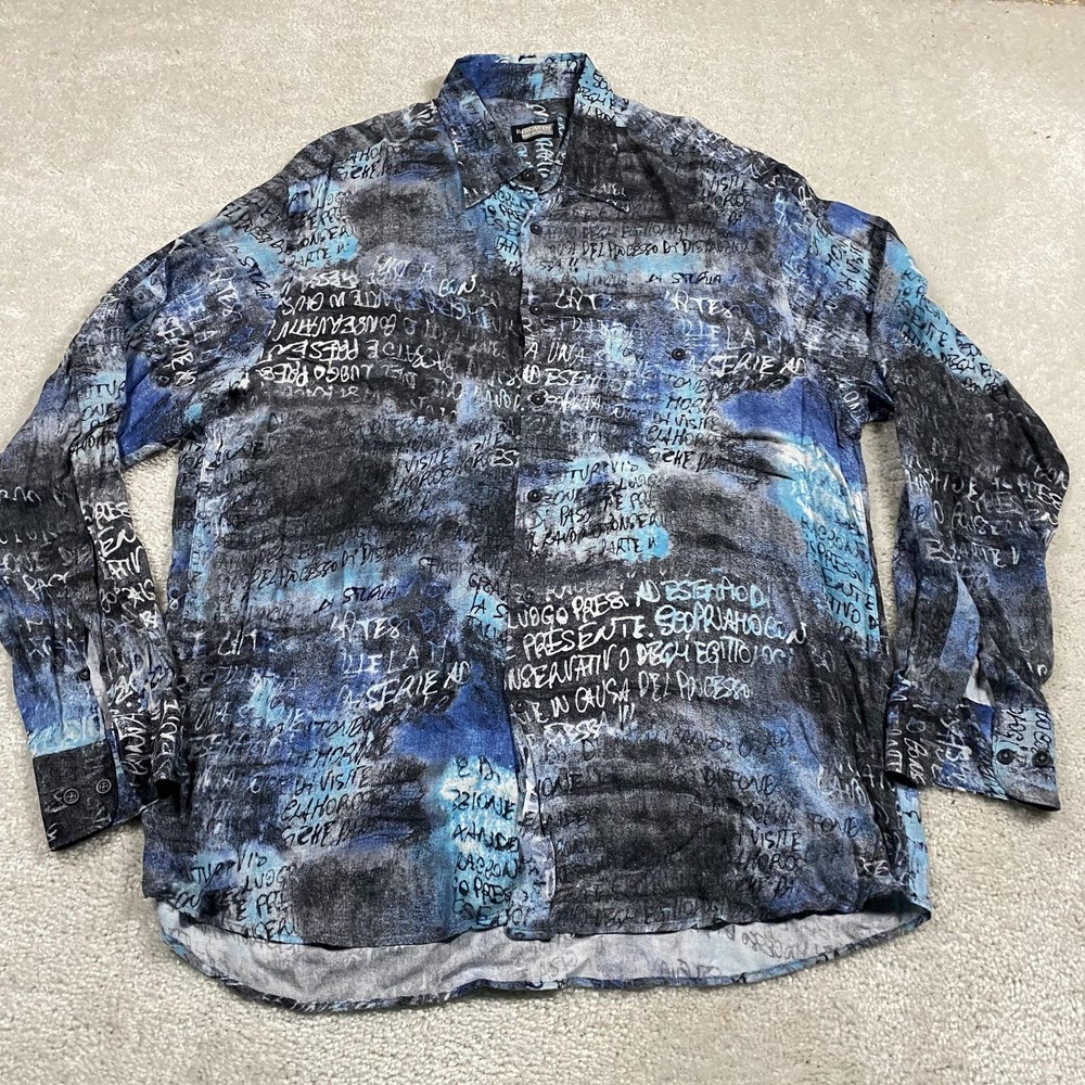 Vintage Riscatto Shirt Mens XL Blue Abstract Graffiti Rayon Button Up Italy-image