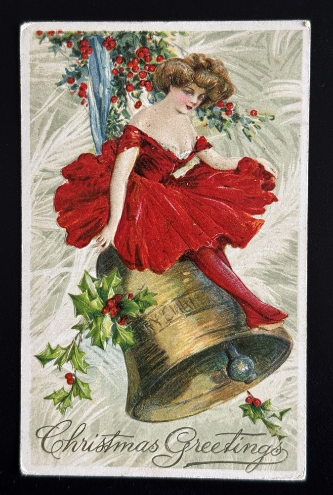 Christmas Victorian Risque Woman Red Dress Bell Schmucker Winsch 1911 Postcard