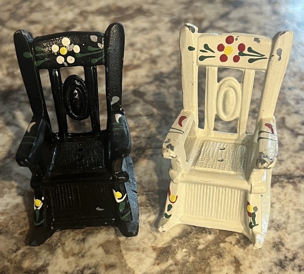 Vintage Black and White Cast Iron Rocking Chair Salt Pepper Shakers Hand Painted