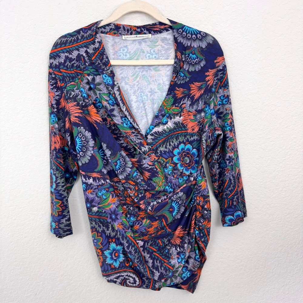Peruvian Connection Womens Surplice Top Size L Floral Pima Cotton Stretch Purple