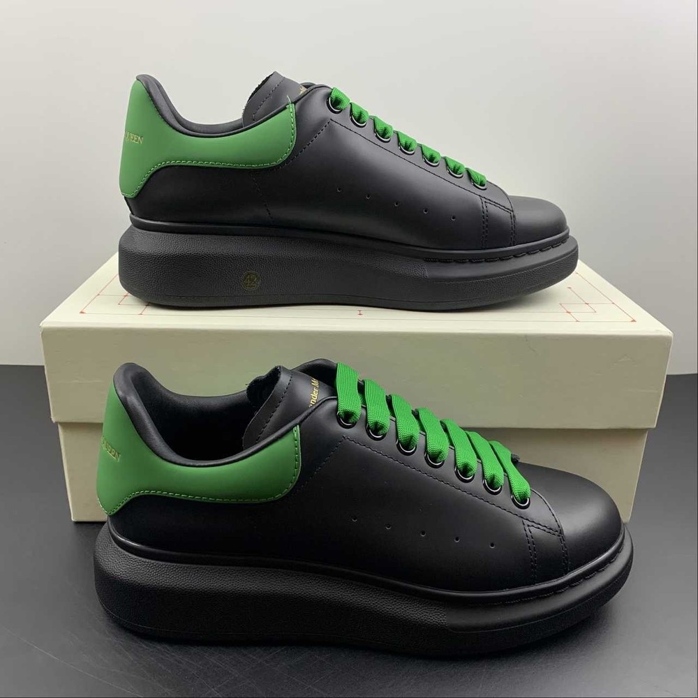 Alexander McQueen Oversized Sneaker All Black Leather Bright Green Heel Laces Un