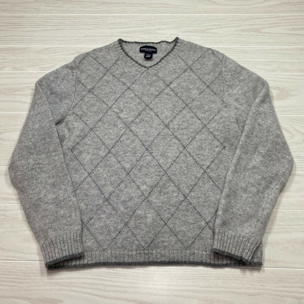 Bowen & Wright Men's 100% Shetland Wool Pullover Diamond Sweater Gray Size Large