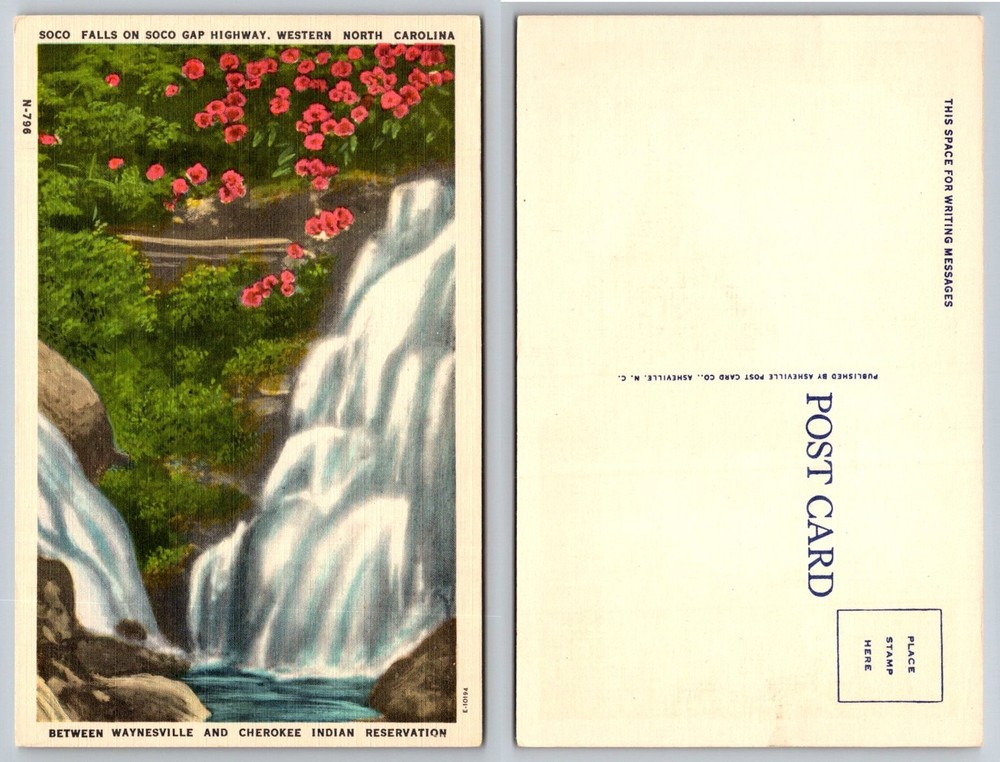 Soco Falls Waterfall Postcard NC Soco Gap Highway Waynesville Cherokee Linen