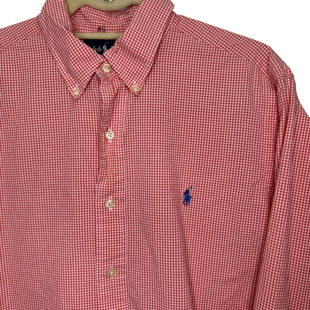 Ralph Lauren Mens Classic Fit Gingham Button Down Shirt Red White Large L Cotton