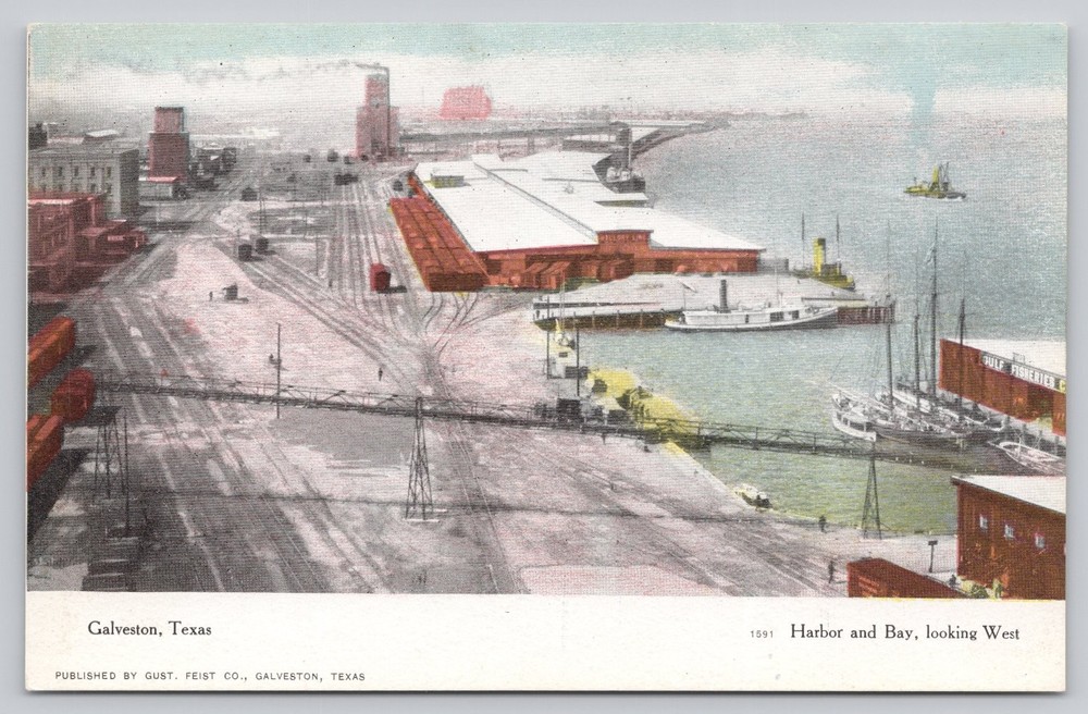 Galveston Texas Harbor & Bay Vintage Postcard Gust. Feist Co. Ships Docks