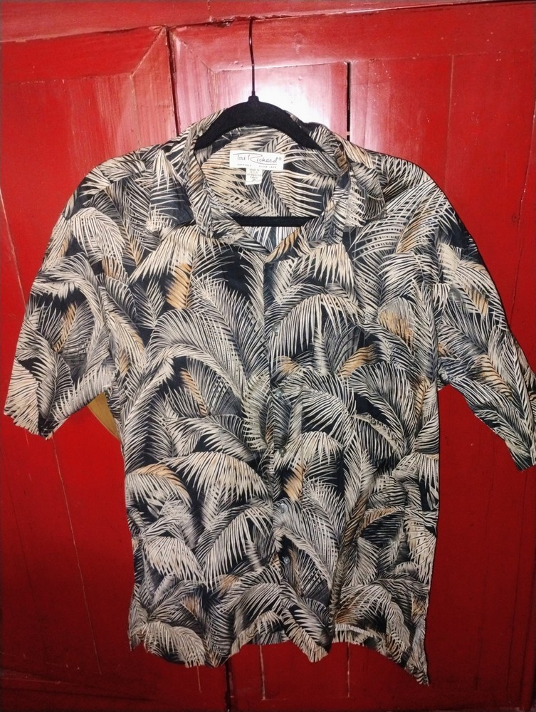 Vintage Tori Richard Men's M Black Beige Hawaiian Floral Palm Cotton Shirt
