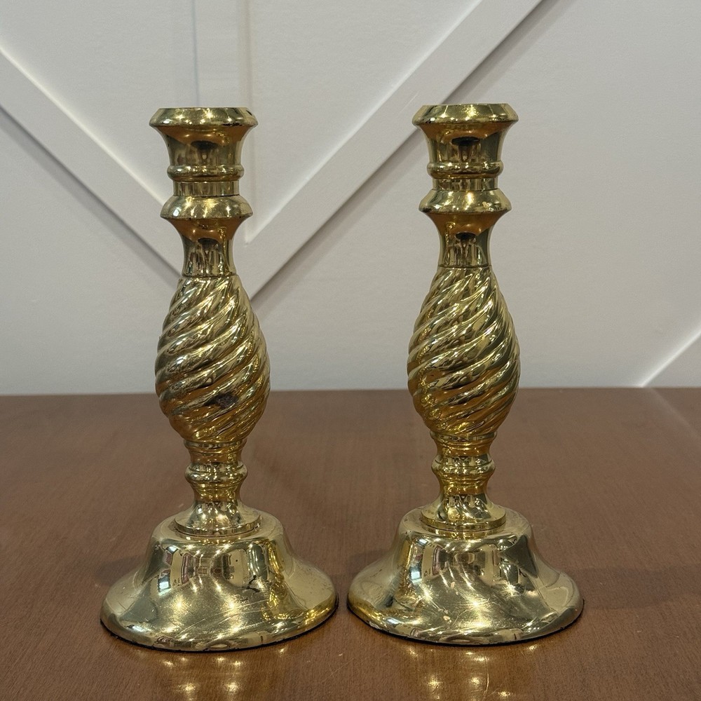 Vintage Brass Candlesticks Twisted Swirl Design Pair Polished Finish 7.5 in