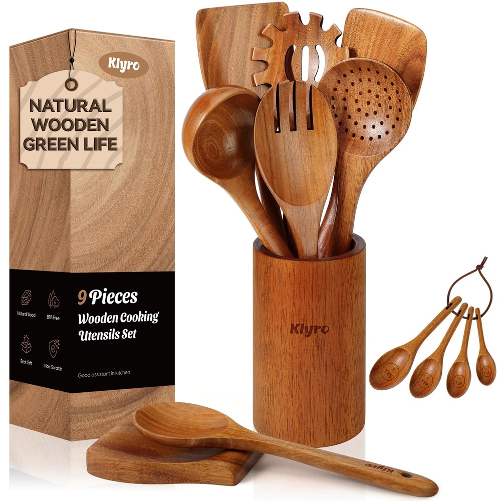 Wooden Spoons for Cooking, Nonstick Kitchen Utensils Set with 4 Piece Measuri...