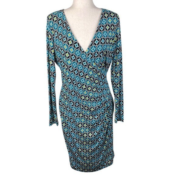 Calvin Klein Blue Green Geometric Print Faux Wrap Dress Size 12 Stretch Jersey