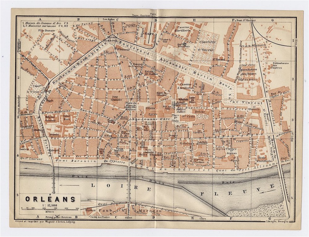 1919 Original Antique City Map Of Orleans / Loire / France