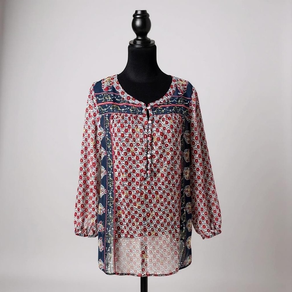 Lucky Brand See Through Top Size S Sheer BOHO Hippie Red Blue Floral Festival