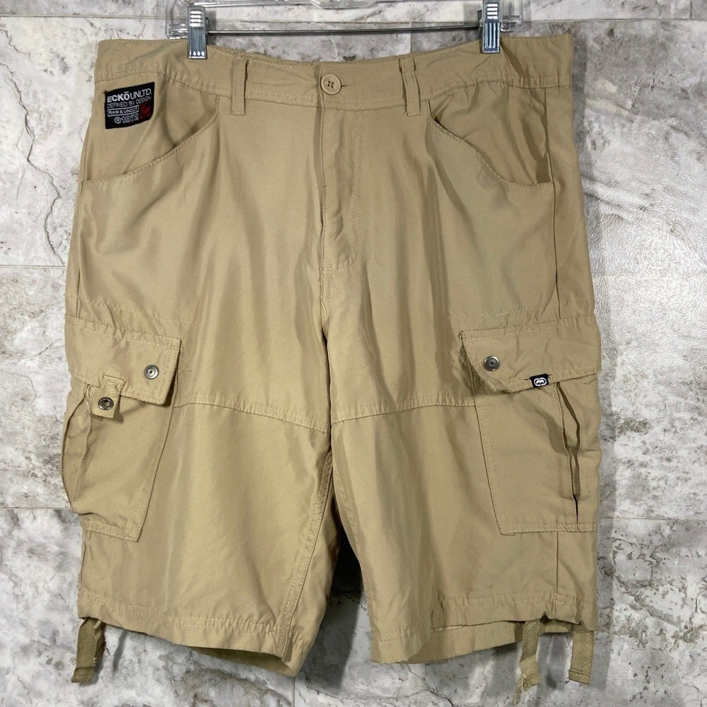 Ecko Unltd Men's Khaki Cargo Shorts Size 36 Relaxed Fit Zip Y2K Retro